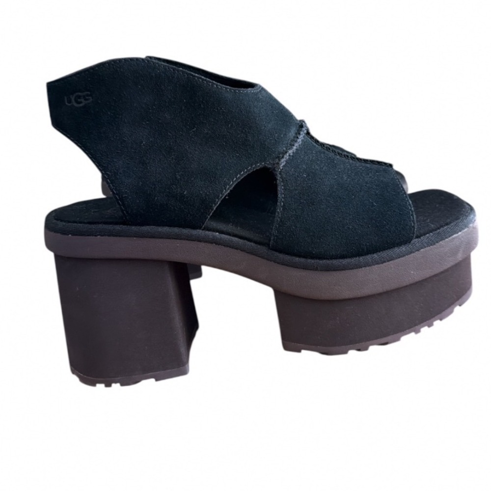 UGG Platform Sandals Womens Black Suede Chunky Block Heel Zip Up Open Toe 10 New - Picture 5 of 11